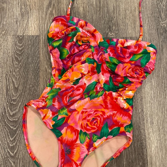Vintage 90s one piece swimsuit floral bright tropical slimming Small - Picture 2 of 14